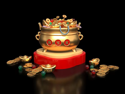 Chinese Golden Treasure Bowl On Red Base With Gold Coins Jewelry And Ingots 3d model