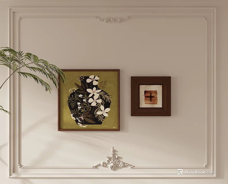 Abstract Painting On White Wall With Decorative Molding Dark Frame And Green Plant Accent 3d model 