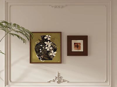 Abstract Painting On White Wall With Decorative Molding Dark Frame And Green Plant Accent 3d model