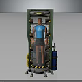 Green Vertical Industrial Device With Human Figure Blue Cylinder And Warning Stripes