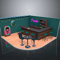 Retro Bar Interior Featuring Neon Drinks Sign Vintage Jukebox And Green Walls