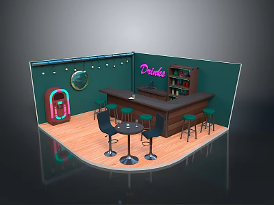 Retro Bar Interior Featuring Neon Drinks Sign Vintage Jukebox And Green Walls 3d model
