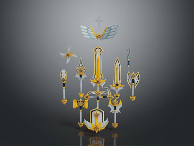 Various Decorative Weapons With Gold White Design Wing And Cross Decor Elements 3d model Various Decorative Weapons With Gold White Design Wing And Cross Decor Elements 3d model