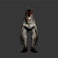 Prehistoric Reptile Dinosaur With Feathered Body Red Head Open Mouth And Spotted Skin