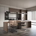 Modern Kitchen Interior With Wooden Island Counter Hanging Lights And Bar Chairs