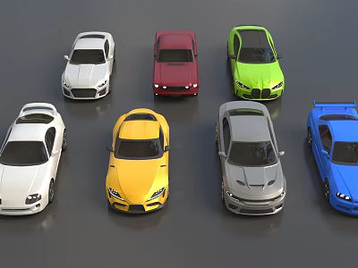 Modern Sports Cars In White Red Green Yellow Gray And Blue Colors On 3d model