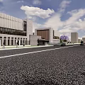 Modern Industrial Factory With Two Symmetric Buildings Central Water Pond Greenery And Pathway