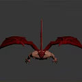 Red Winged Bat With Horns And Muscular Body Standing On Dark Surface