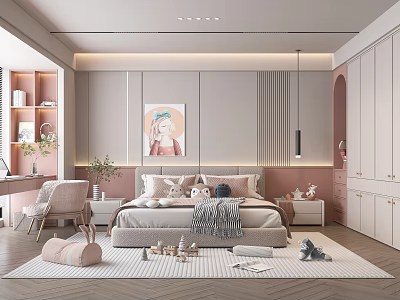 Pink Kids Room Interior With Bed Desk Chair Stuffed Toys Rug And Wall Art 3d model