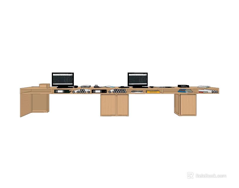 Modern Office Desk Setup With Two Computer Monitors And Wooden Storage Cabinets 3d model 