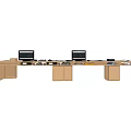 Modern Office Desk Setup With Two Computer Monitors And Wooden Storage Cabinets