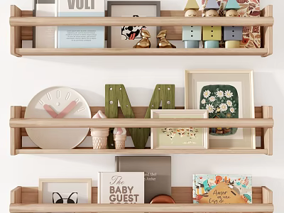 Stylish Home Interior With Wooden Wall Shelves Displaying Books Photo Frames Decorative Items And Plates 3d model