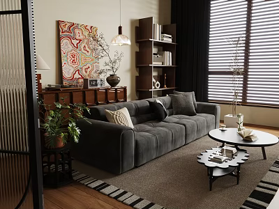 Living Room Interior Featuring Grey Velvet Sofa Bookshelf Decorative Painting Wooden Floor And Pendant Lamp 3d model