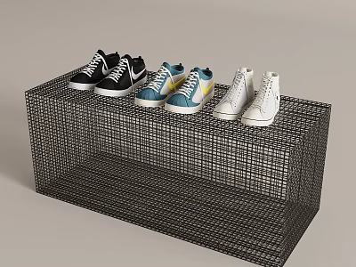 Black Grid Shelf Displaying Multiple Pairs of Black Blue White Casual Sneakers For Fashion 3d model