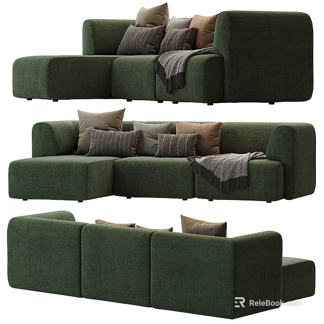 Modern Green Modular Sectional Sofa With Pillows And Throw Blanket 3d model 