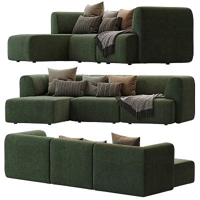 Modern Green Modular Sectional Sofa With Pillows And Throw Blanket 3d model