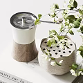 Decorative Ornament Set With Vase Green Plants Ceramic Cups Wooden Tray And Stacked Books