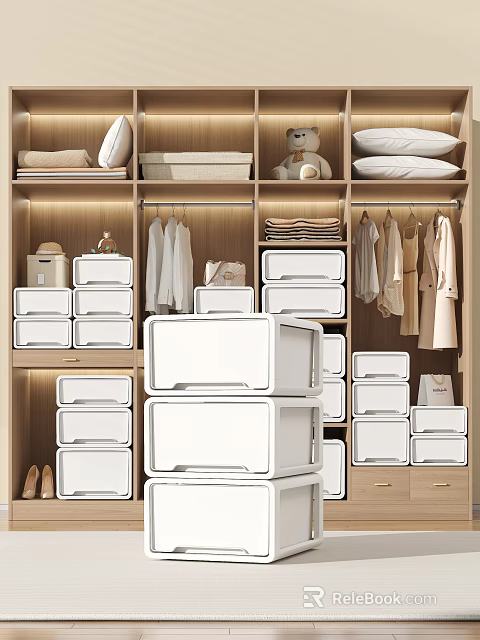Modern Wooden Wardrobe Interior With Hanging Clothes Drawers Storage Boxes And Pillows 3d model 