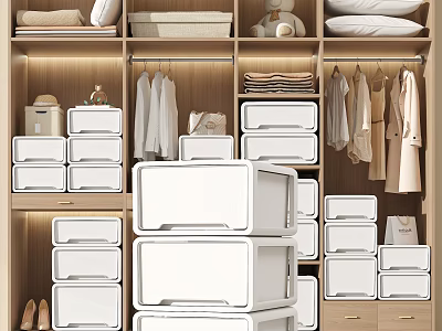 Modern Wooden Wardrobe Interior With Hanging Clothes Drawers Storage Boxes And Pillows 3d model