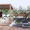 Courtyard Garden Design With Wooden Pergola Seating Area Water Fountain And Lush Greenery