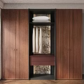 Modern Wooden Wardrobe with Open Center Clothes Hanging Section and Red Drawer in Stylish Interior