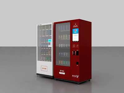Commercial Vending Machines in White and Red with Transparent Doors and Digital Screens 3d model