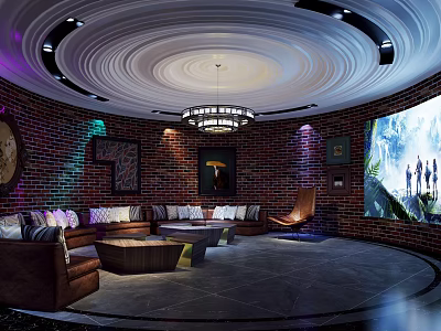 Modern Luxury Cinema Interior With Round Ceiling Chandelier Comfortable Sofas And Large Movie Screen 3d model