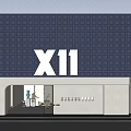 Modern Storefront with Dark Blue Grid Design White X11 Logo and Light Colored Wall Entrance