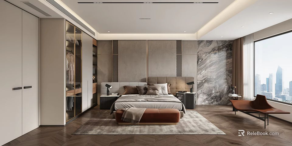 Modern Elegant Bedroom Interior With King Size Bed Nightstands And Textured Wall Panels 3d model 