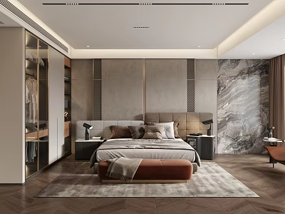 Modern Elegant Bedroom Interior With King Size Bed Nightstands And Textured Wall Panels 3d model