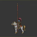 Game Movie Character In Blue Armor Red Hat Riding White Horse With Long Spear And Yellow Glow Area