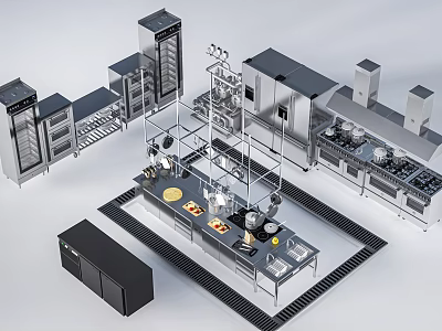 Professional Stainless Steel Kitchen Equipment Featuring Worktables Ovens Refrigerators And Cooking Stations 3d model