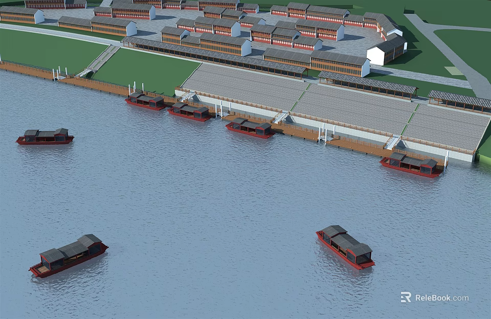 Serene Waterside Scenery with Several Boats Traditional Buildings and Green Grassland Along Shore 3d model 