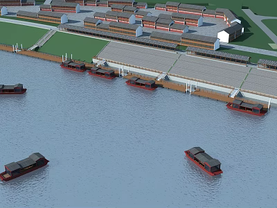 Serene Waterside Scenery with Several Boats Traditional Buildings and Green Grassland Along Shore 3d model