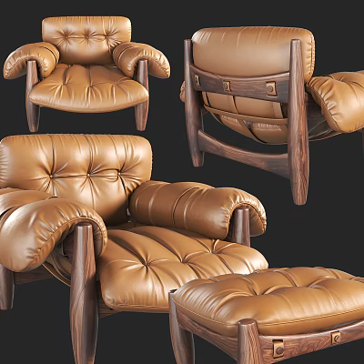Brown Leather Single Seater Sofa With Tufted Design And Wooden Legs 3d model