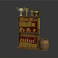 Vintage Display Shelf With Trophies On Upper Shelves And Wooden Barrel For Decorative
