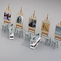Artistic Display Of Musical Instruments And Art Supplies With Easels Canvases Stools And Paintings