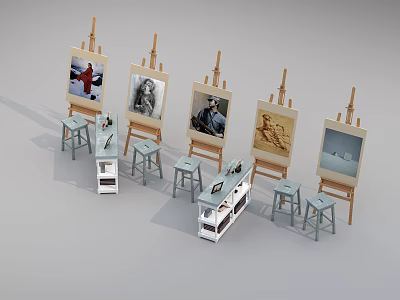 Artistic Display Of Musical Instruments And Art Supplies With Easels Canvases Stools And Paintings 3d model
