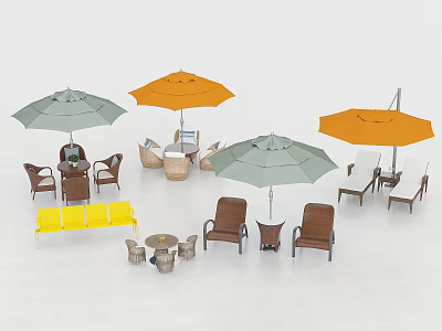 Stylish Outdoor Table With Green Orange Umbrellas Brown Chairs And Yellow Bench 3d model