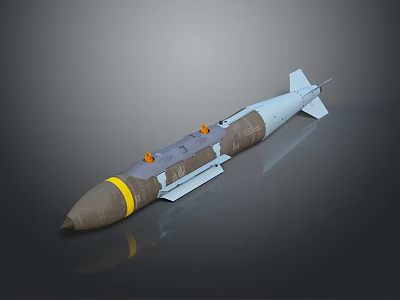 Military Missile 3D Render With Brown Warhead Yellow Stripe White Tail Fins And Orange Parts 3d model