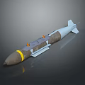 Military Missile 3D Render With Brown Warhead Yellow Stripe White Tail Fins And Orange Parts