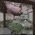 Traditional Chinese Garden Landscape With Pavilion Rock Formations Stone Paving And Sunset Lighting
