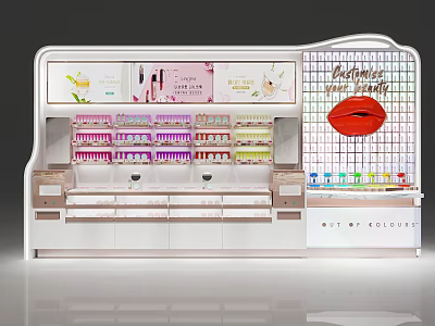 Beauty Hairdressing Display Counter With Cosmetics Color Products And Red Lips Fashion Logo 3d model