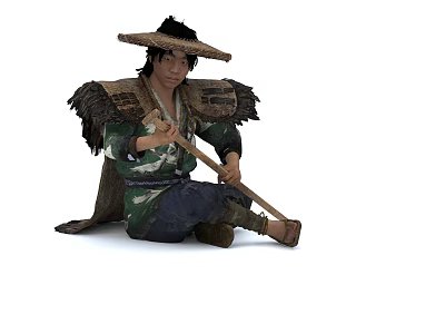 A Man Wearing Straw Hat In Straw Raincoat Holding Stick Sitting On Ground 3d model