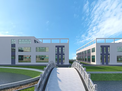 Modern Industrial Factory Exterior With Steel Structure Green Area And Bridge 3d model