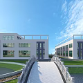 Modern Industrial Factory Exterior With Steel Structure Green Area And Bridge