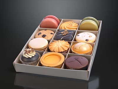 Assorted Dessert Box With Macarons Cookies Cupcakes And Chocolate Treats 3d model