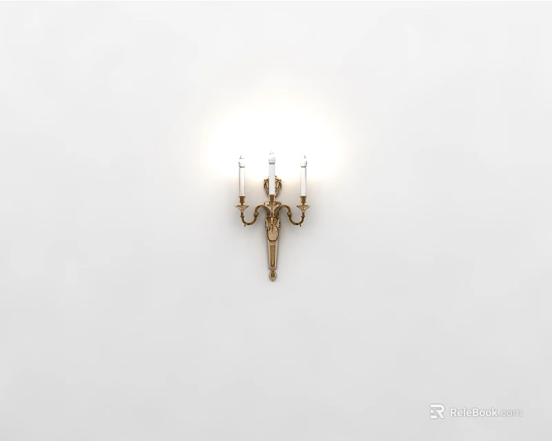 Classic Gold Wall Sconce With Three Illuminated Lights On White Wall 3d model 