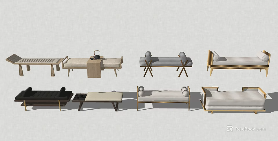 Various Stylish Footstools With Wooden Frames And Upholstered Cushions For Home Decor 3d model 