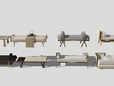 Various Stylish Footstools With Wooden Frames And Upholstered Cushions For Home Decor 3d model